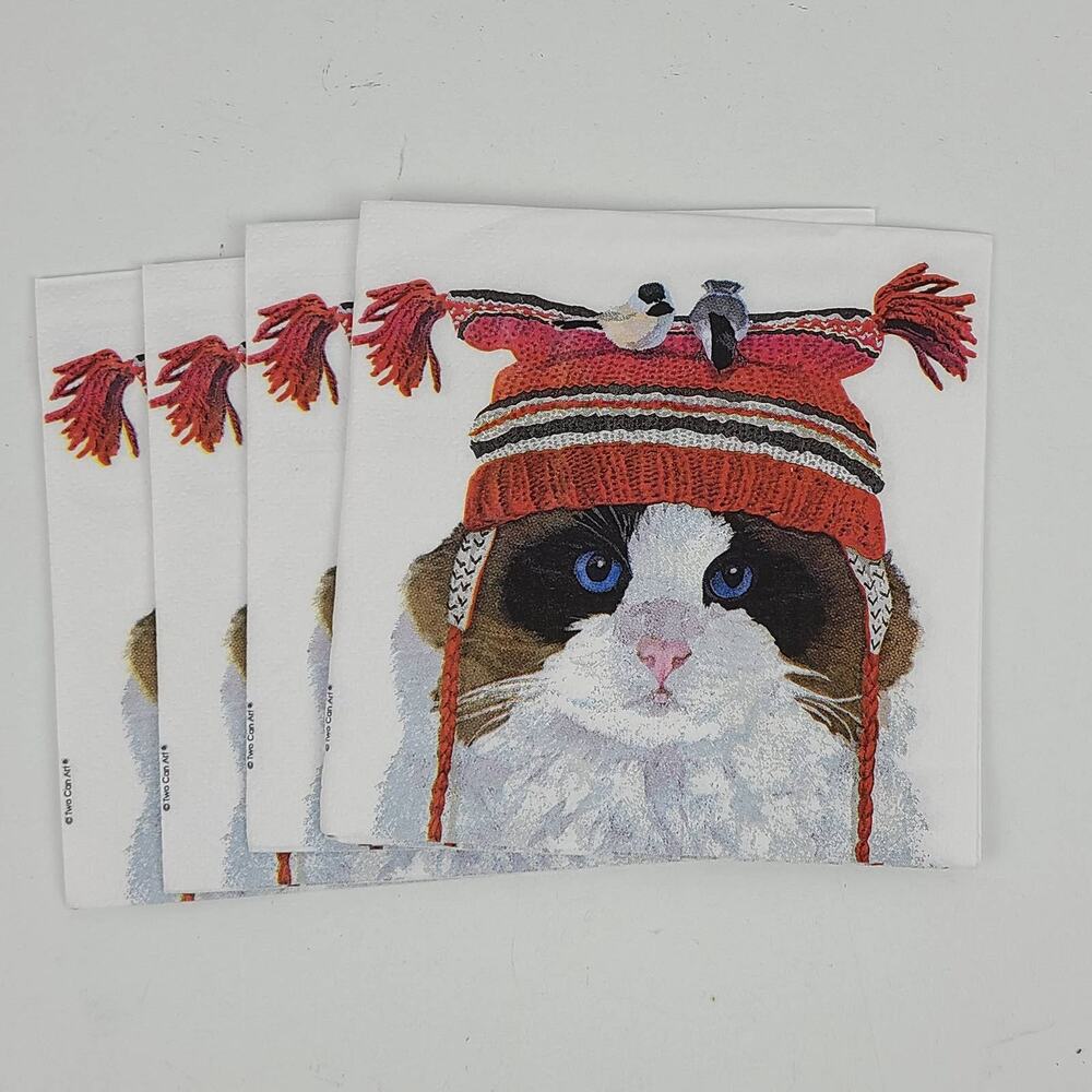 Lot of 4 new single paper napkins cat cap 2 birds decoupage collage 5"